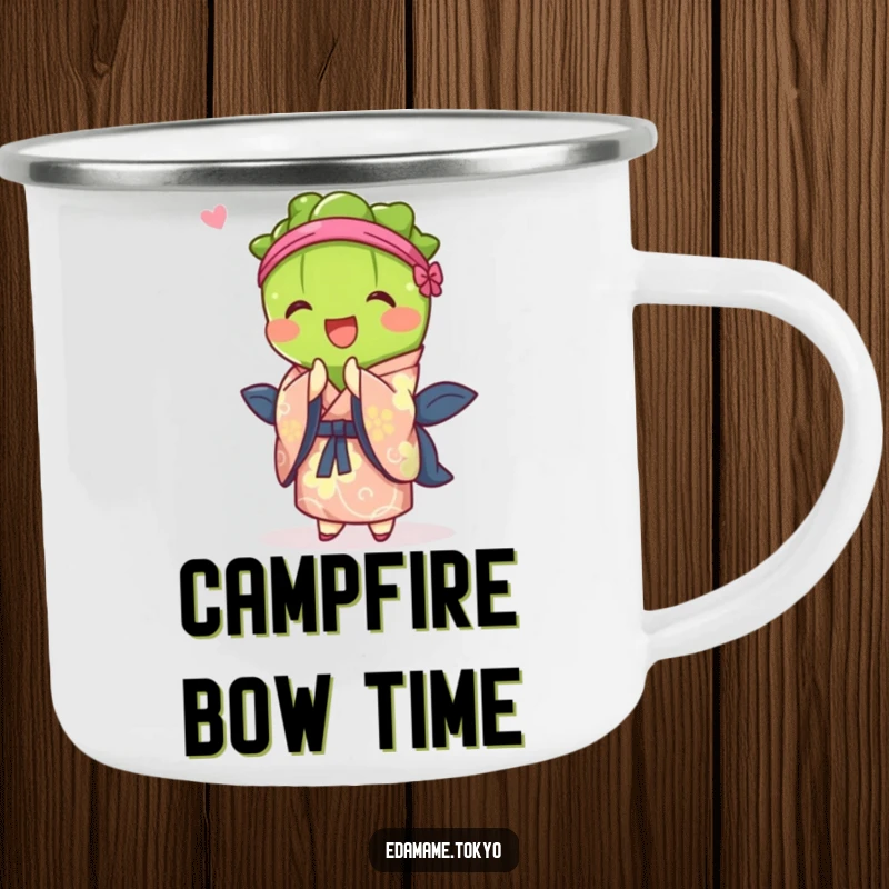 Funny camping mug showing an edamame character in a vibrant kimono, bowing joyfully, ideal for outdoor use.