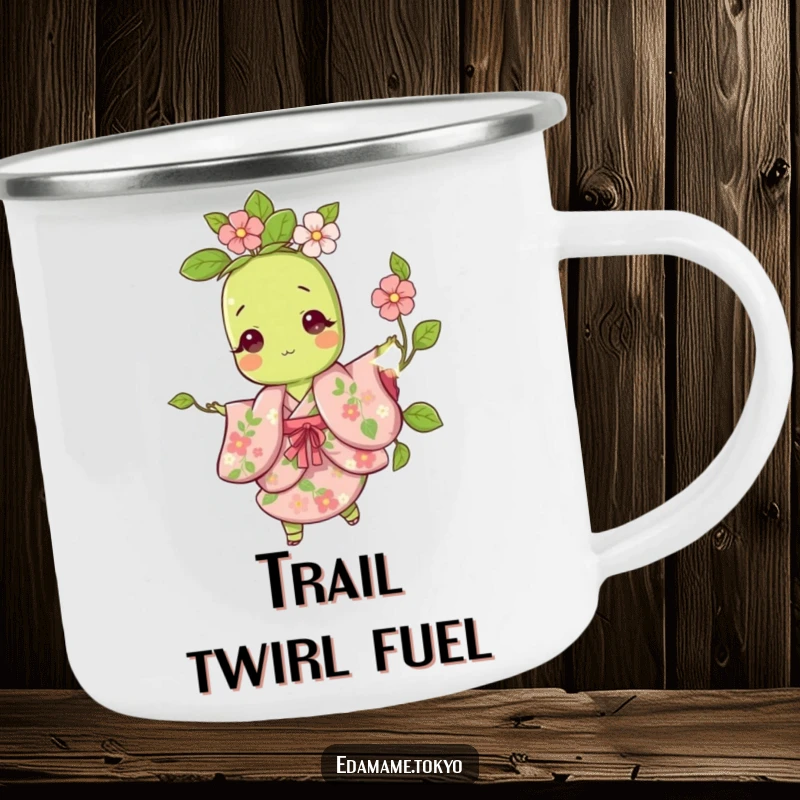 Funny camping mug with a cute edamame character playfully twirling in a floral kimono, ready for adventure.