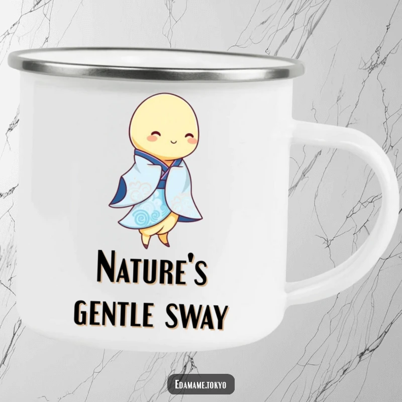 Funny Edamame pod in a flowing blue and white kimono, swaying gracefully, on a durable camping mug, evoking calm adventures.