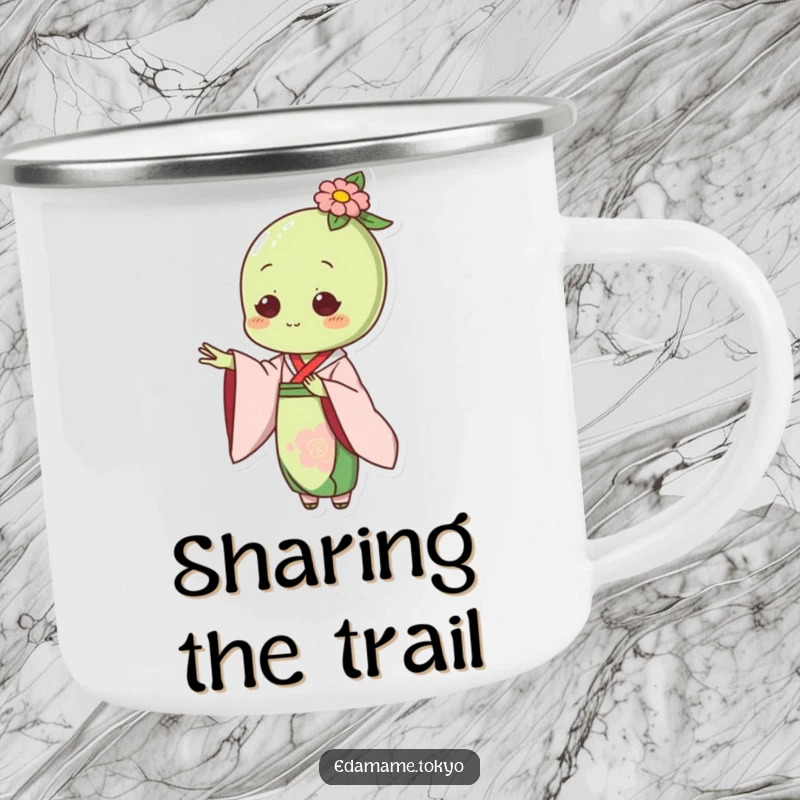 Funny camping mug with an edamame character in an elegant kimono, gracefully extending a hand.