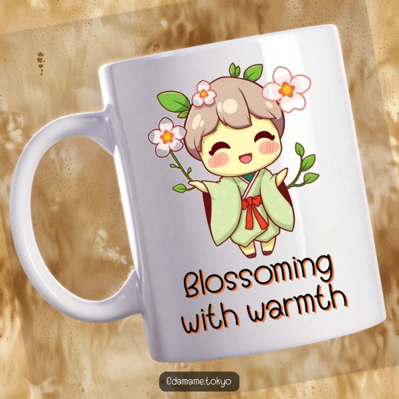 Funny mug featuring an edamame character in a traditional kimono, happily presenting a flower blossom.