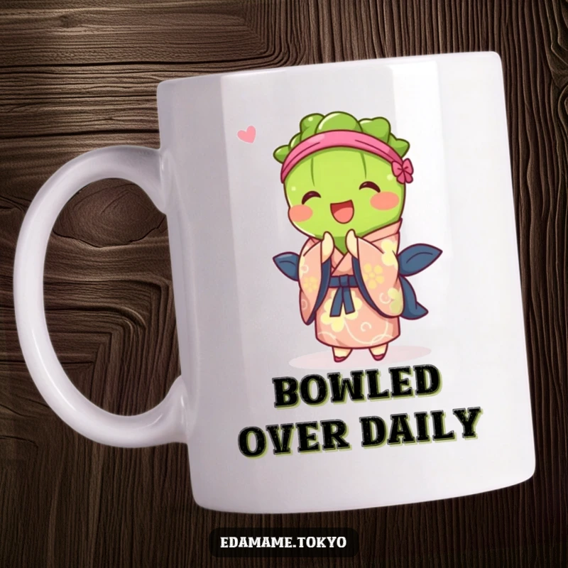 Funny mug featuring an edamame character in a vibrant kimono, joyfully bowing with a friendly expression.