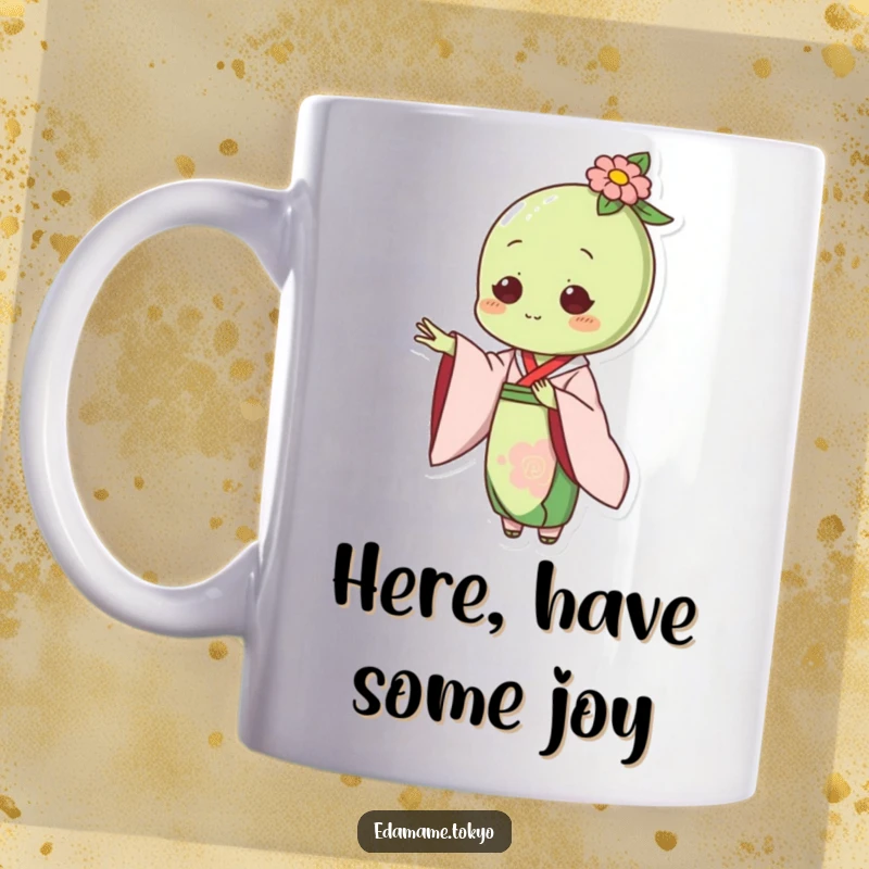 Funny mug featuring an edamame character in an elegant kimono, gracefully extending a hand in welcome.
