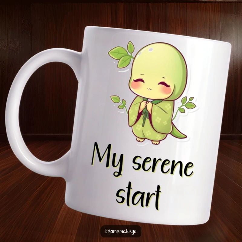 Funny mug depicting a polite edamame in an elegant green kimono with delicate patterns, bowing gracefully with a serene expression.