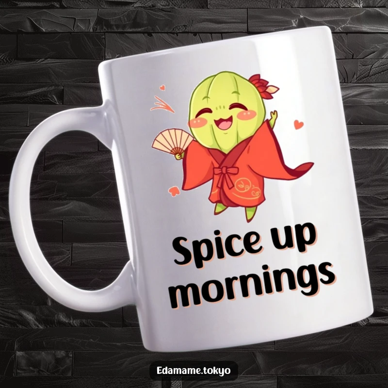 Funny Edamame wearing a vibrant red kimono, playfully tossing a fan, on a mug, symbolizing joy and playful energy.