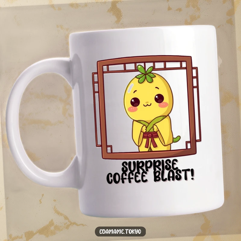 Funny mug with an edamame in a yellow kimono, playfully peeking from behind a traditional screen, with mischievous eyes.