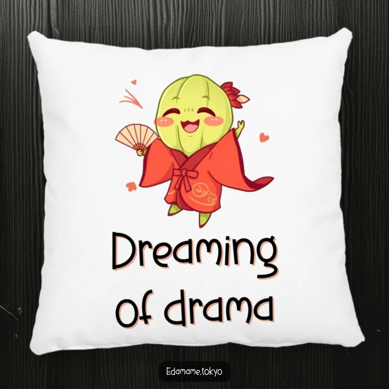 Funny Edamame pod wearing a vibrant red kimono, playfully tossing a fan, depicted on a decorative pillow, offering cheerful humor.