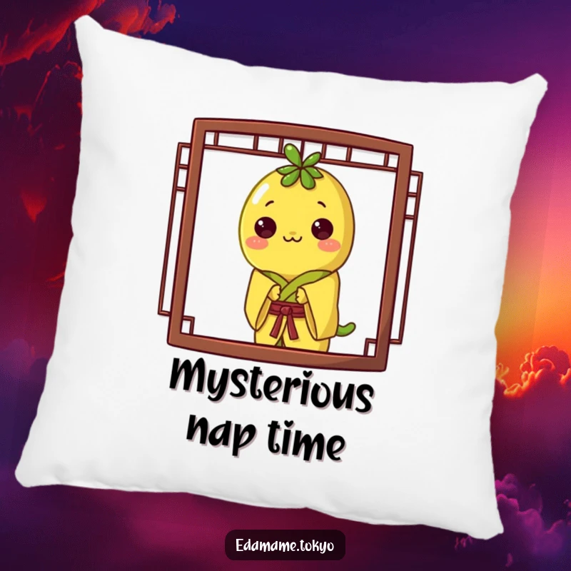 Funny pillow featuring an edamame in a yellow kimono, playfully peeking from behind a screen, adding comfort and humor.