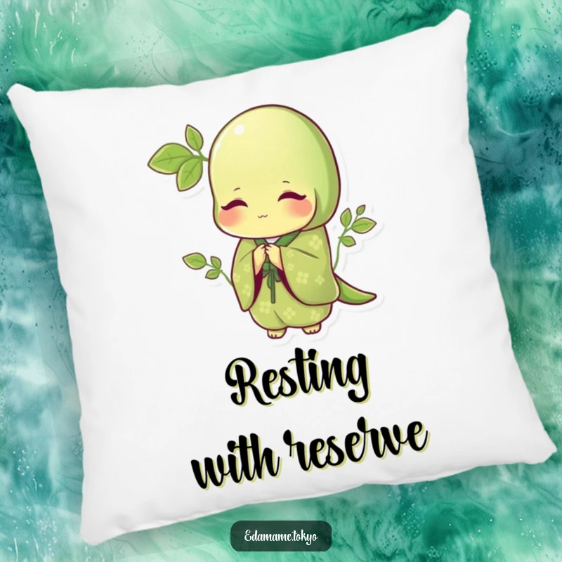 Funny pillow featuring a polite edamame in an elegant green kimono with delicate patterns, bowing gracefully, perfect for cozying up.