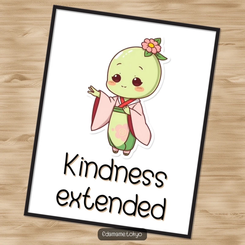 Funny digital art print of an edamame character in an elegant kimono, gracefully extending a hand.