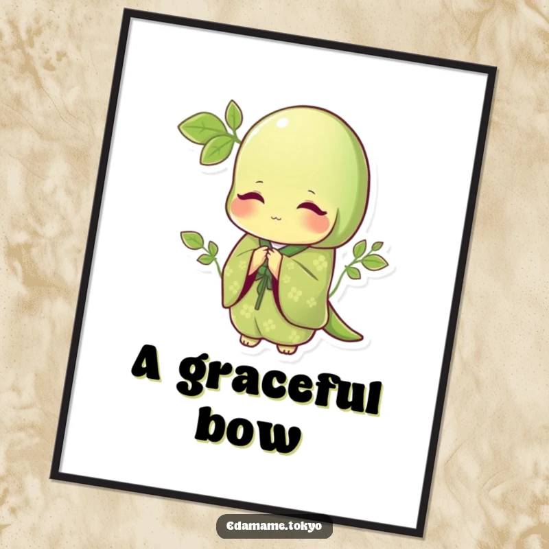 Funny digital art print of an edamame in an elegant green kimono with patterns, bowing gracefully, perfect for stylish decor.