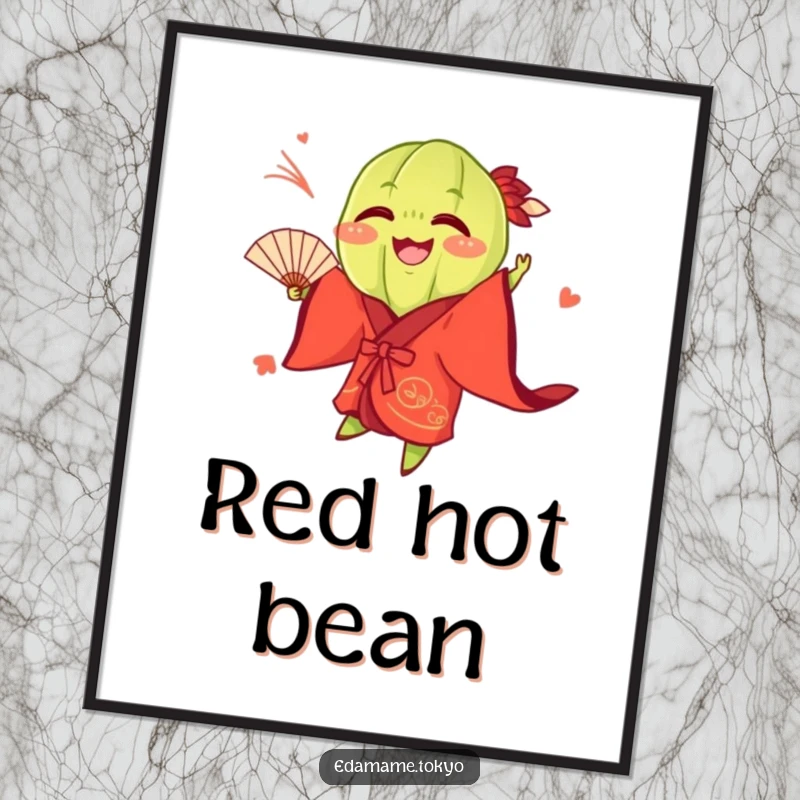 Funny Edamame pod wearing a vibrant red kimono, playfully tossing a fan, as a digital art print, symbolizing energetic humor.