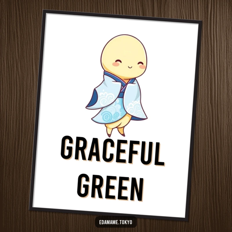 Funny Edamame pod wearing a flowing blue and white kimono, swaying gracefully, as a digital art print, symbolizing serene humor.