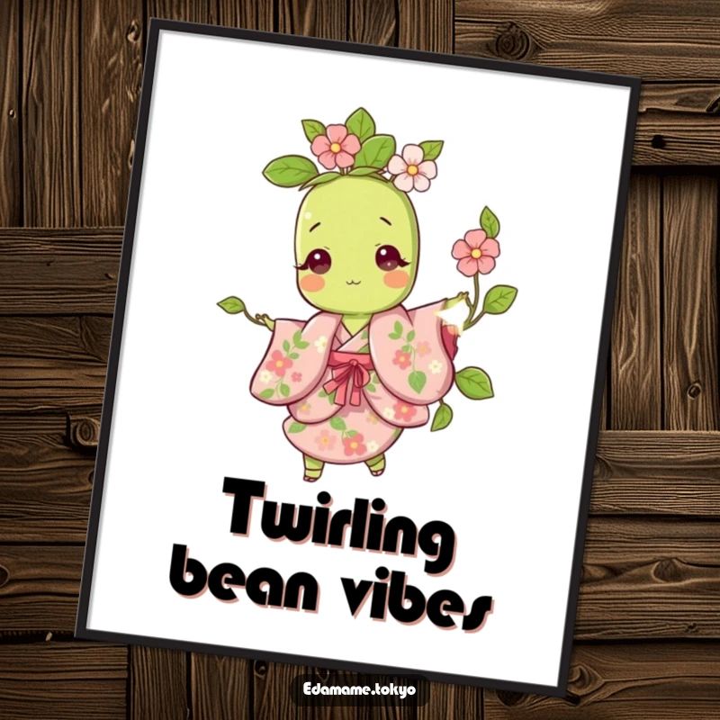 Funny digital art print of a cute edamame character playfully twirling in a vibrant floral kimono, easily printable.