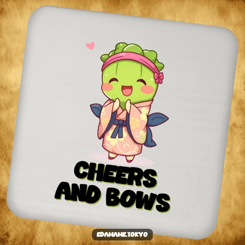 Funny coaster featuring an edamame character in a vibrant kimono, bowing happily, perfect for drinks.