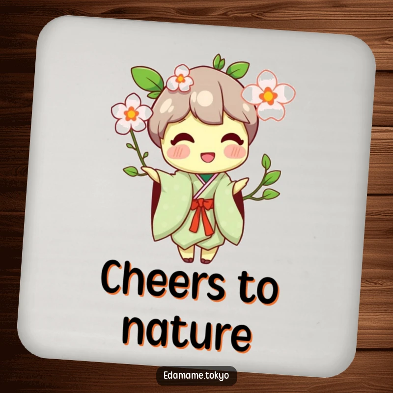 Funny coaster featuring an edamame character in a traditional kimono, happily offering a flower blossom.