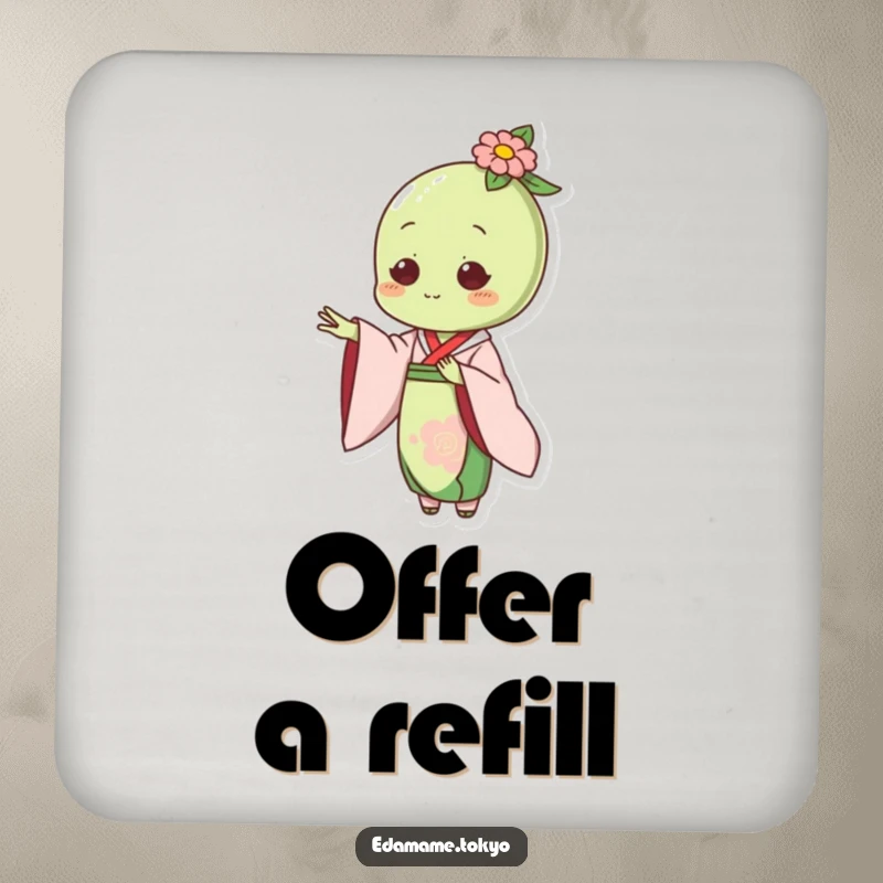 Funny coaster featuring an edamame character in an elegant kimono, extending a hand gracefully.