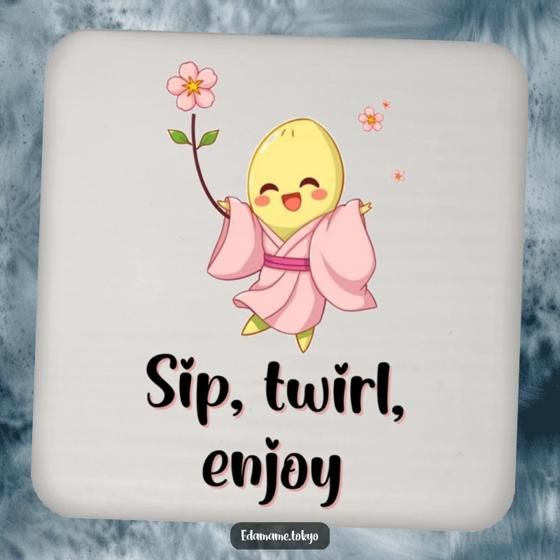 Funny drink coaster featuring an edamame in a pale pink kimono, joyfully twirling with a blossom, adding humor to your table.