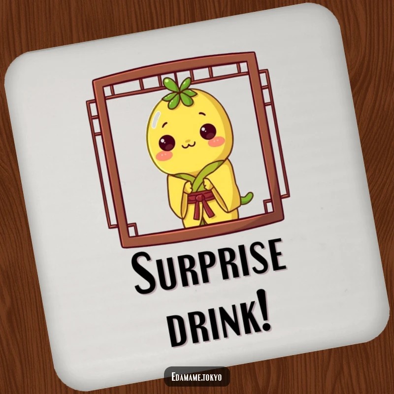 Funny drink coaster featuring an edamame in a yellow kimono, playfully peeking from behind a screen, adding humor to your table.