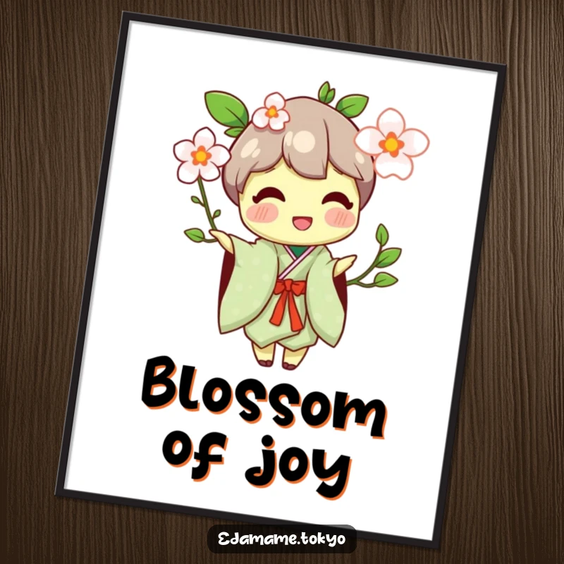 Funny poster art of an edamame character in a traditional kimono, happily offering a beautiful flower blossom.