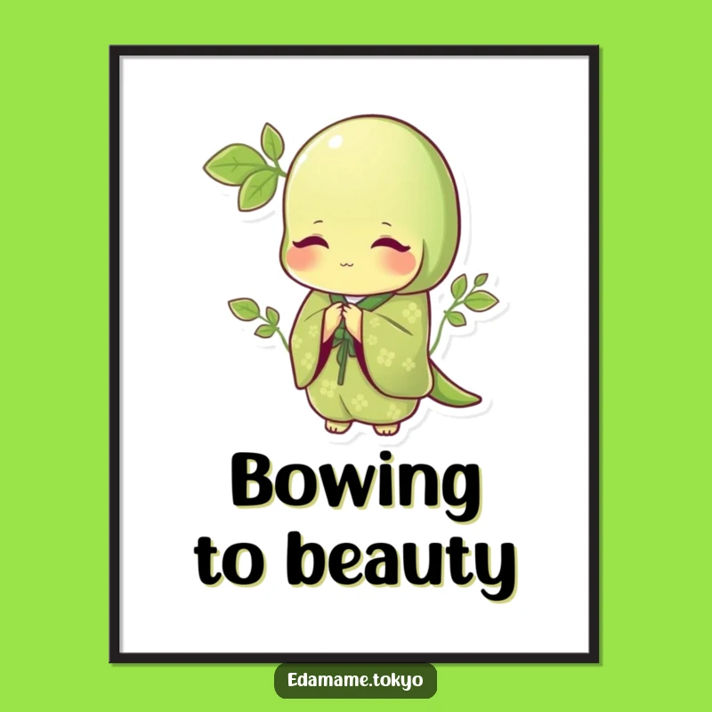 Funny Edamame Poster: Elegant Green Kimono Bow Art, Perfect Polite Gift