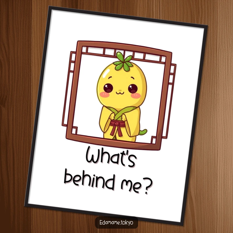 Funny poster art of an edamame in a yellow kimono, playfully peeking from behind a screen, bringing a sense of playful surprise.