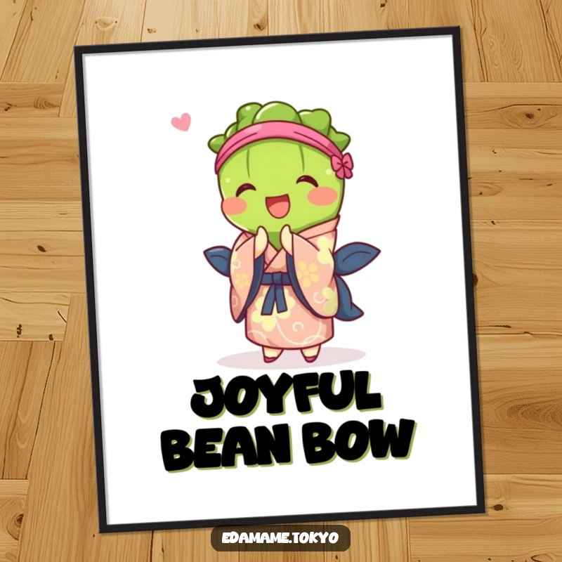 Funny poster art of an edamame character in a vibrant kimono, performing a joyful and respectful bow.
