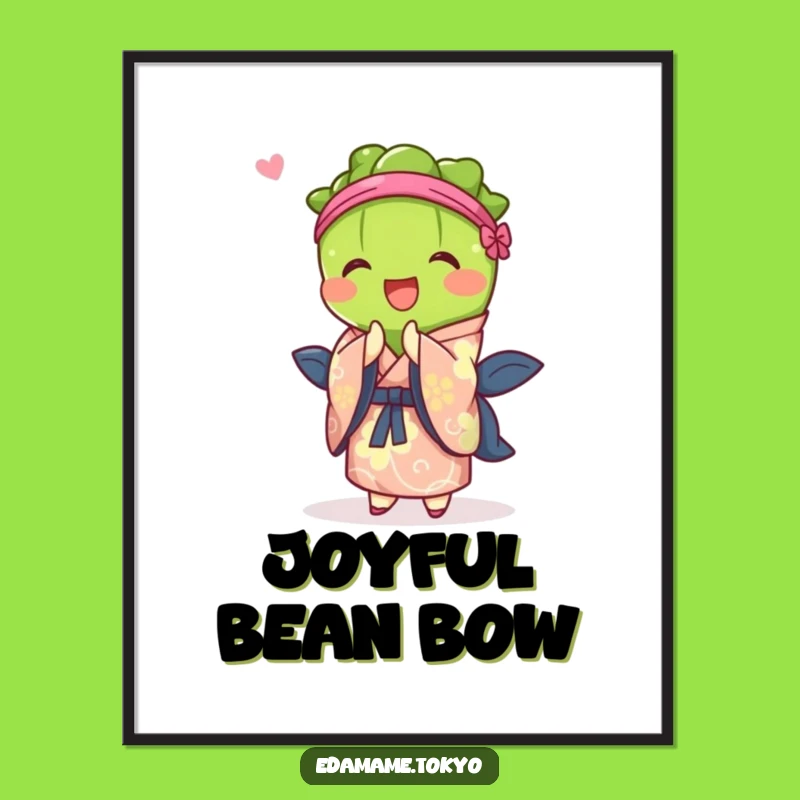 Funny Edamame Poster: Joyful Bow in Vibrant Kimono - Art Print