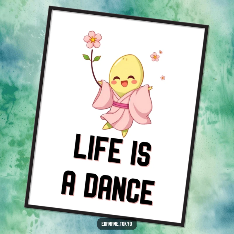Funny poster illustration of an edamame in a pale pink kimono joyfully twirling with a blossom, creating a cheerful wall decoration.