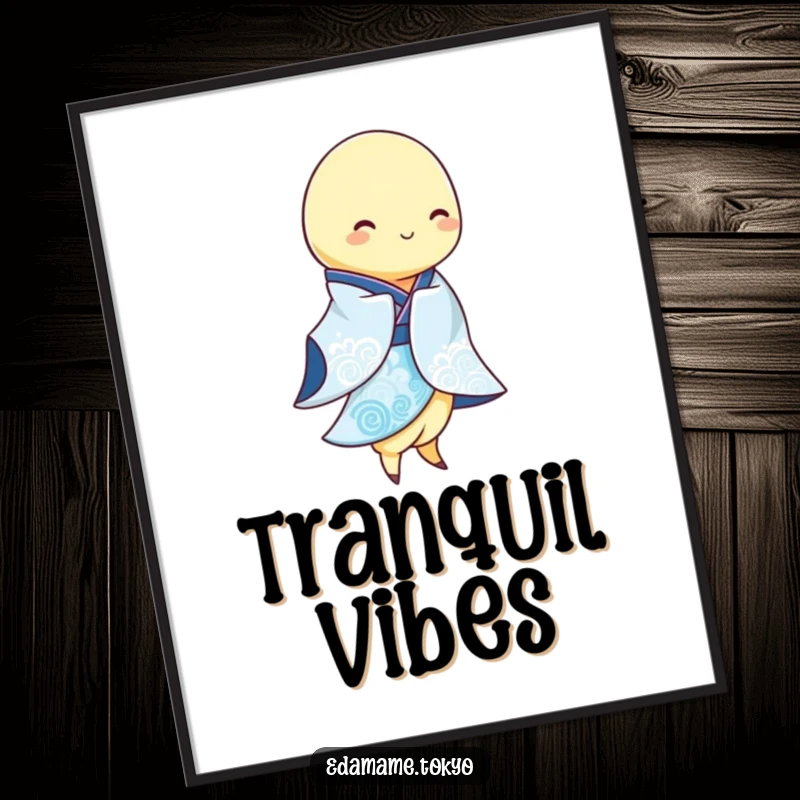 Funny Edamame pod wearing a flowing blue and white kimono, swaying gracefully, presented as humorous wall art, a peaceful funny gift.