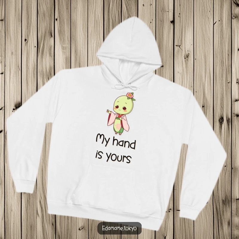 Funny hoodie with an edamame character in an elegant kimono, gracefully offering a hand.