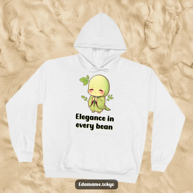 Funny hoodie showcasing a polite edamame wearing a green kimono with delicate patterns, bowing elegantly, perfect for cozying up.
