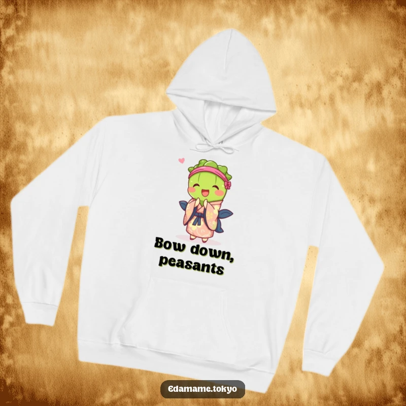 Funny hoodie with an edamame character in a vibrant kimono, captured in a moment of joyful bowing.
