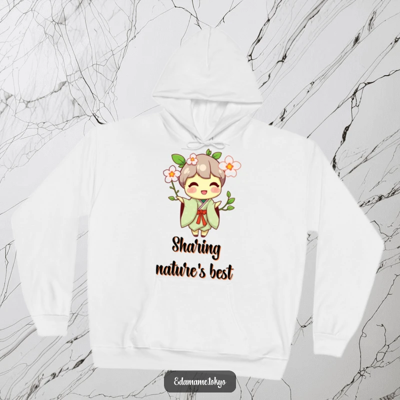 Funny hoodie with an edamame character in a traditional kimono, happily holding out a flower blossom.