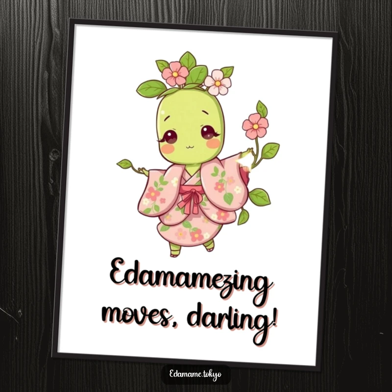 Funny Free Printable Wall Art: Cute edamame in a floral kimono playfully twirling, whimsical downloadable decor for any room.