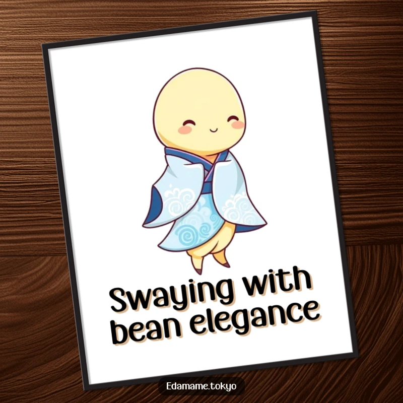 Funny Free Printable Wall Art: An edamame pod wearing a flowing blue and white kimono is swaying.