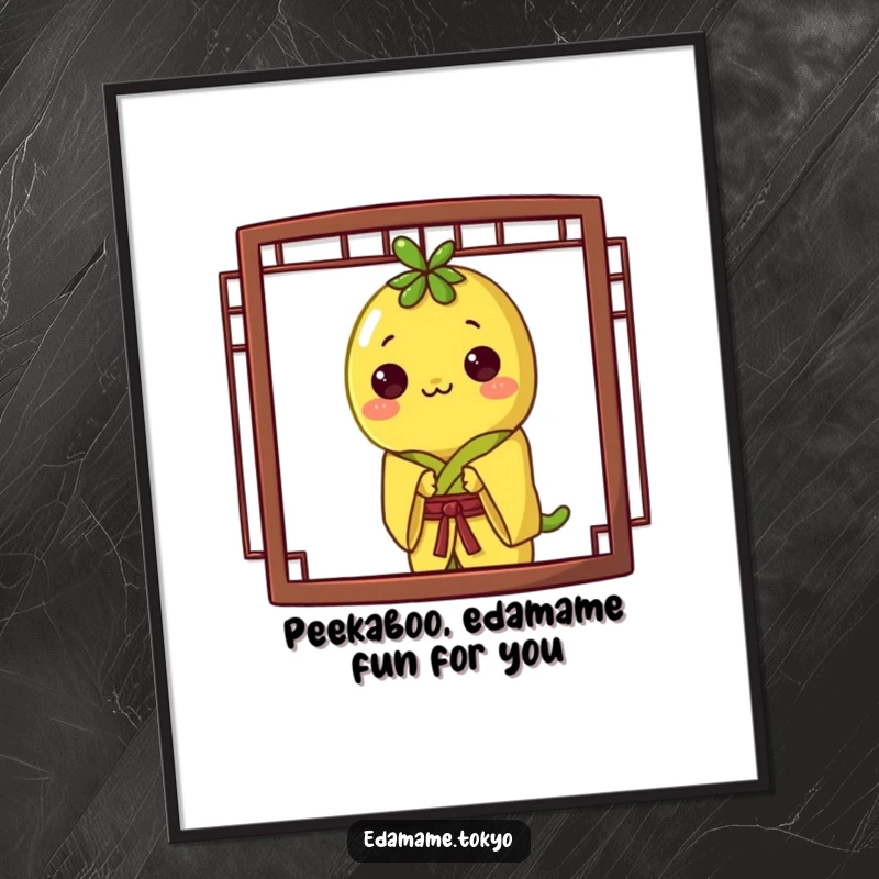 Funny Free Printable Wall Art featuring an edamame in a yellow kimono peeking amusingly from behind a screen.