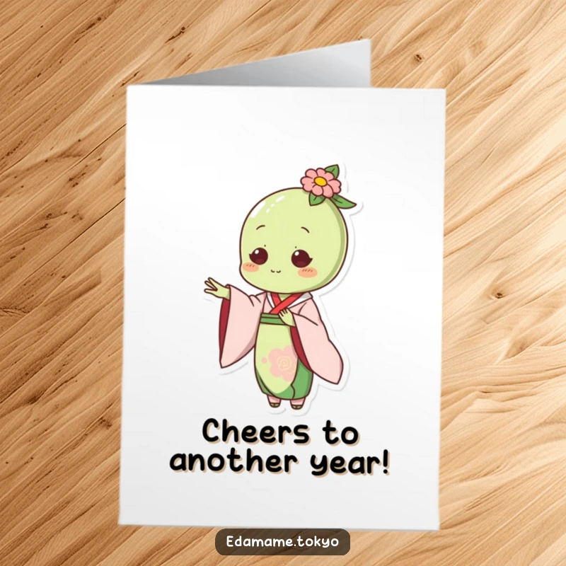Funny Free Printable Birthday Card: Edamame in an elegant kimono gracefully extending a hand for a warm welcome.