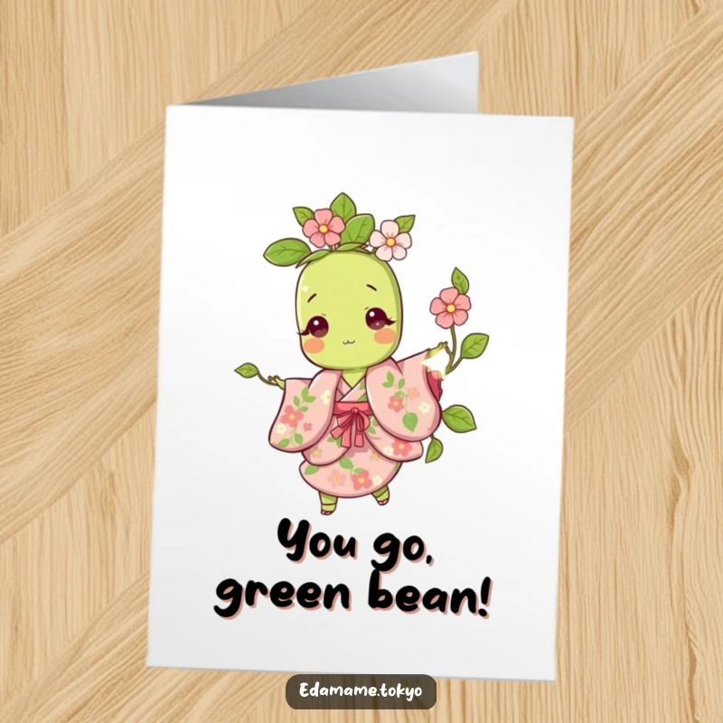Funny Free Printable Birthday Card: Cute edamame in floral kimono playfully twirling with joy, a delightful DIY gift.
