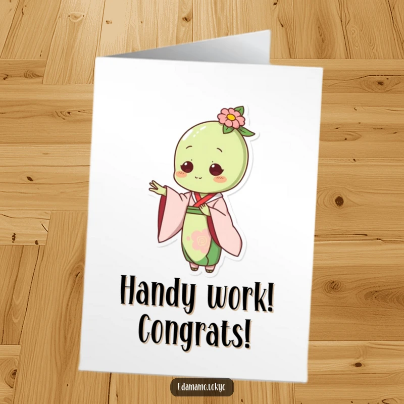 Funny Free Printable Congratulations Card: Edamame in an elegant kimono gracefully extends a hand, celebrating success.