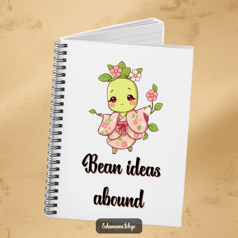 Funny notebook with a cute edamame character doing a playful twirl in a floral kimono on the cover.