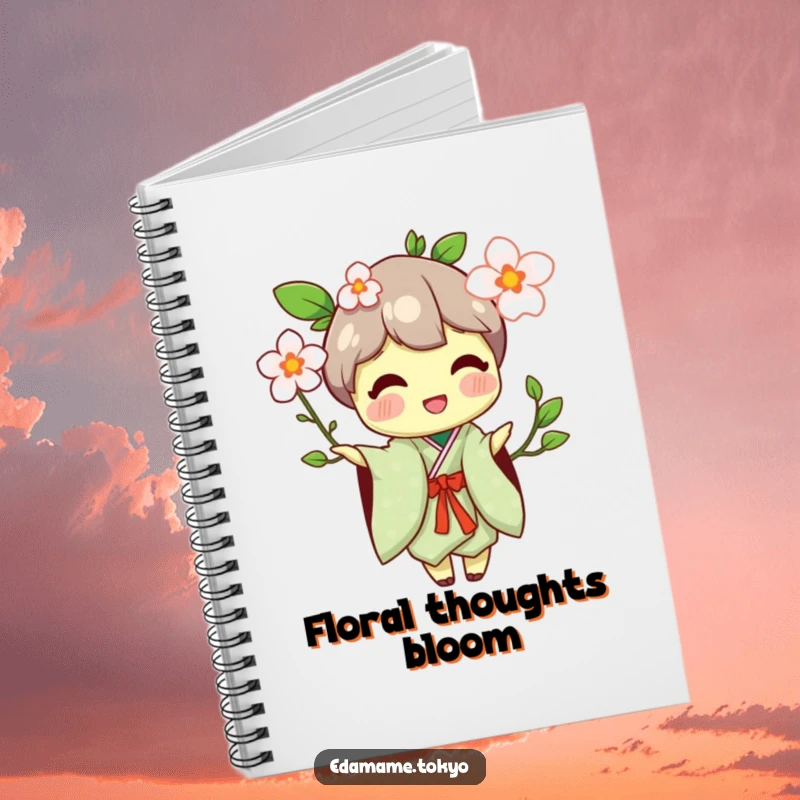 Funny notebook cover with an edamame character in a traditional kimono, happily offering a flower blossom.