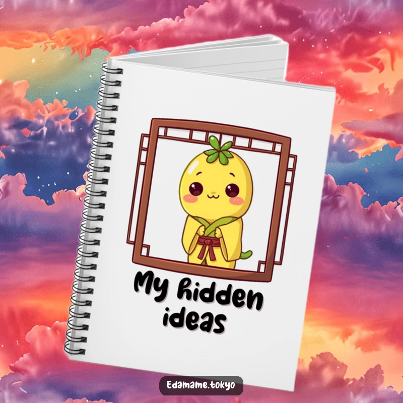 Funny notebook featuring an edamame in a yellow kimono, playfully peeking from behind a screen, ideal for creative notes.