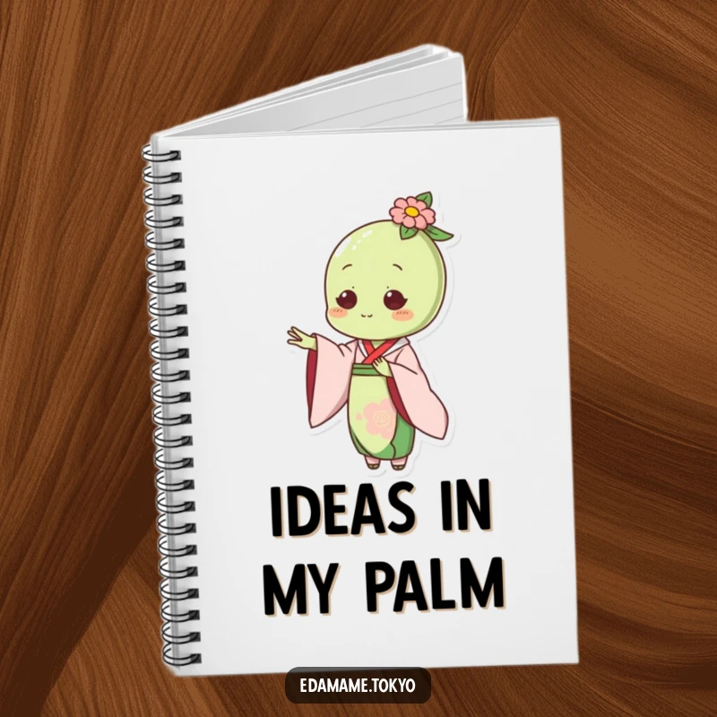 Funny notebook cover with an edamame character in an elegant kimono, extending a hand.