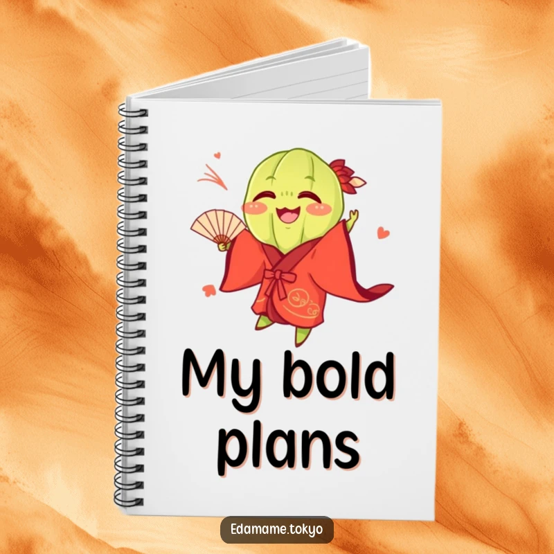 Funny Edamame pod wearing a vibrant red kimono, playfully tossing a fan, designed on a notebook cover for fun note-taking.