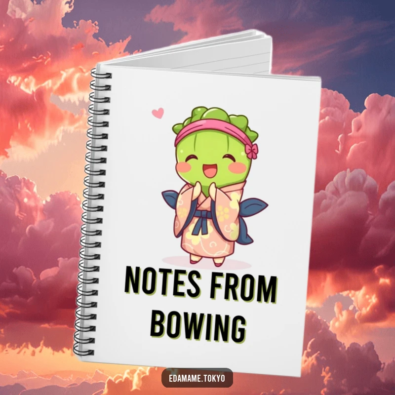 Funny notebook cover featuring an edamame character in a vibrant kimono, performing a cheerful bow.