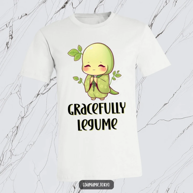 Funny t-shirt with an edamame in an elegant green kimono with delicate patterns, bowing gracefully, exuding charm and politeness.