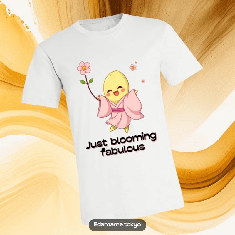 Funny t-shirt showcasing a happy edamame in a pale pink kimono, mid-twirl beneath a delicate blossom, full of playful energy.