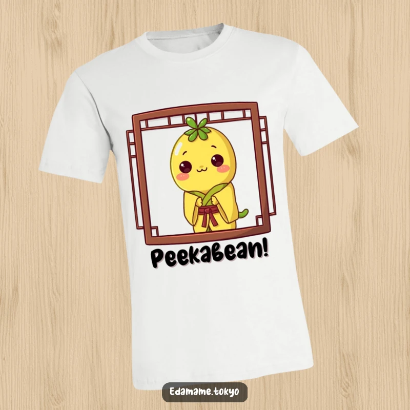 Funny t-shirt featuring an edamame in a yellow kimono, peeking playfully from behind a screen, with a hint of mischief.