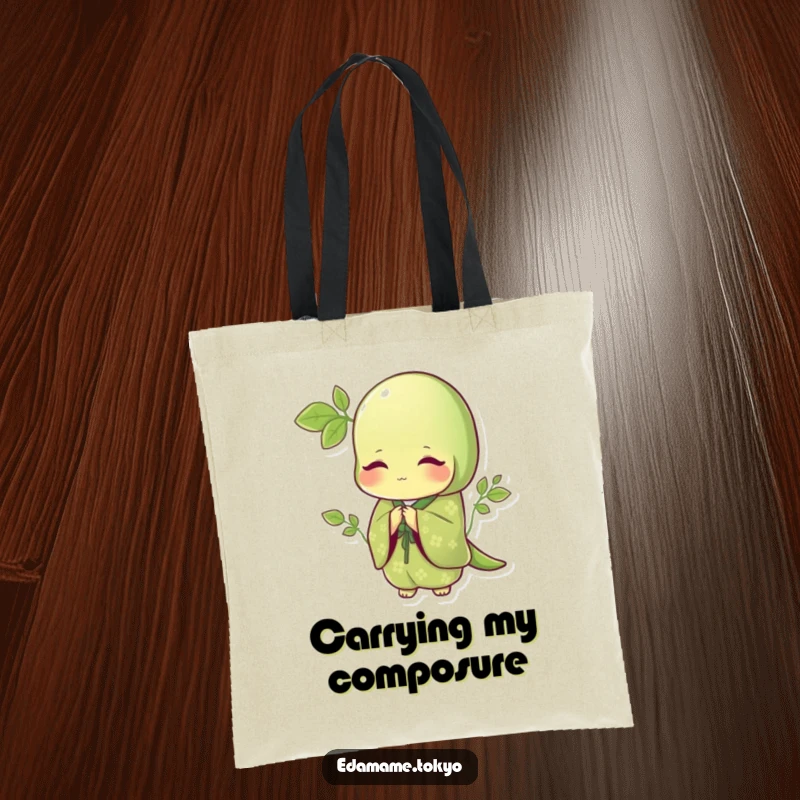 Funny tote bag with an edamame in an elegant green kimono with patterns, bowing gracefully, ideal for stylish errands.
